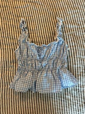 Aritzia Sunday Best Blue Gingham Ruffle Peplum Tank Top